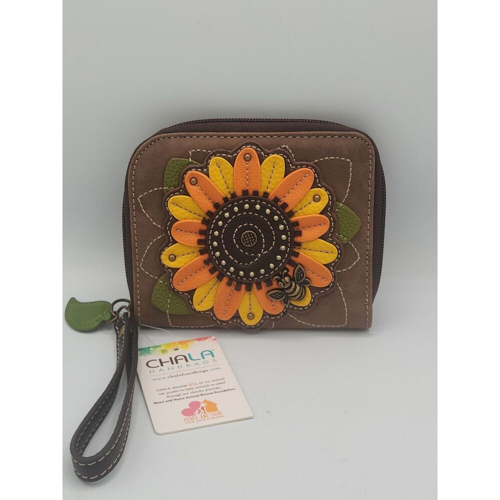 NEW CHALA BROWN ORANGE YELLOW SUNFLOWER BEE ZIPPERED BIFOLD WALLET FAUX LEATHER